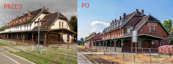 Dworzec PKP w Szczytnie przed i po remoncie już z niemiecką nazwą miasta Ortelsburg.
